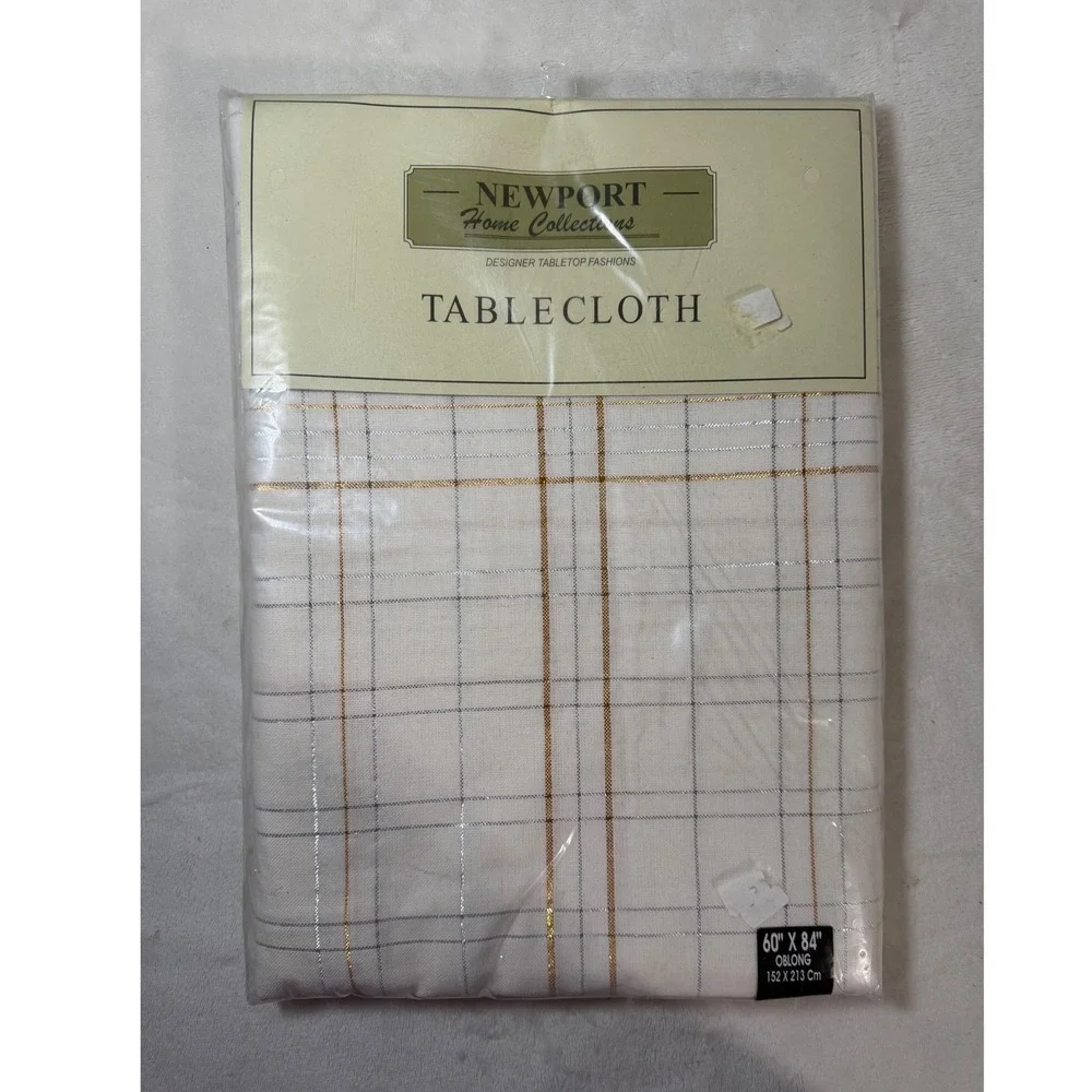 Newport Home Collections White Plaid Tablecloth Gold Silver Metallic 60x84